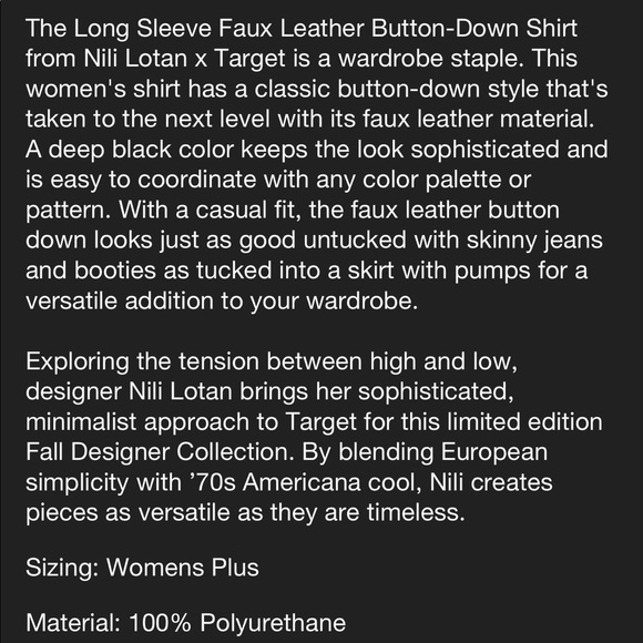 Nili Lotan long sleeve black Faux leather button down shirt 1x NWT - Picture 5 of 5